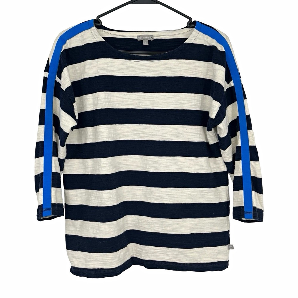 T by Talbots Women's M Navy/White Striped 3/4 Sleeve Cotton Knit Round Neck Top